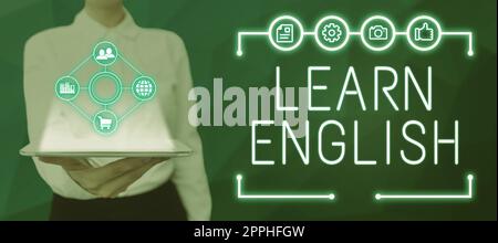 Schreiben Text anzeigen Englisch lernen. Konzept bedeutet, das Schreiben und Sprechen zu trainieren und sich auf die globale Sprache zu konzentrieren Stockfoto