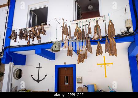 Traditioneller getrockneter Fisch vor einem Cudillero-Haus, Asturien, Spanien Stockfoto