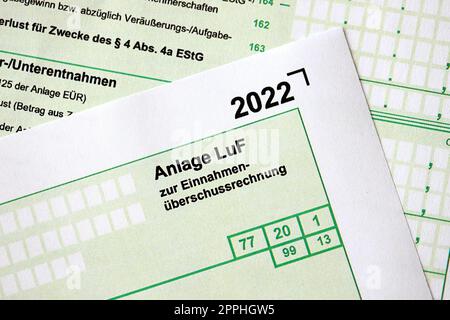 Anlage LUF - Deutsche 2022-Berechnung des Einkommensüberschusses und Informationen zur Ermittlung von Gewinnen aus der Forstwirtschaft. Der Begriff der Besteuerung und der Buchführungspapiere in Deutschland Stockfoto