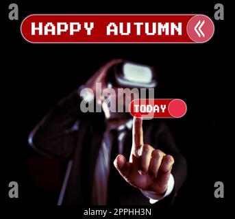 Schild mit der Aufschrift „Happy Autumn“. Business Showcase jährliche Sonderfeierlichkeiten Stockfoto