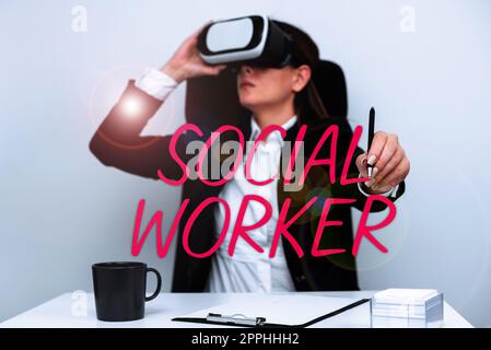 Textüberschrift für Social Worker. Begriff der Unterstützung durch Staatsbürger ohne oder mit unzureichendem Einkommen Stockfoto