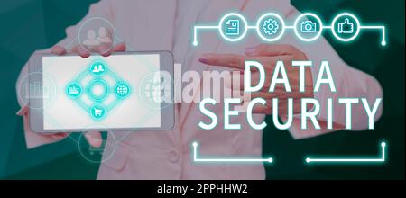 Textunterschrift für Datensicherheit. Geschäftskonzept Vertraulichkeit Festplattenverschlüsselung Backups Passwortabschirmung Stockfoto