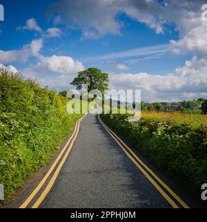 Eine schmale Straße im Ribble Valley in der Nähe der Edisford Bridge, die aufgrund ihrer landschaftlich reizvollen Lage unter unverantwortlichen Parkmöglichkeiten leiden kann. Stockfoto