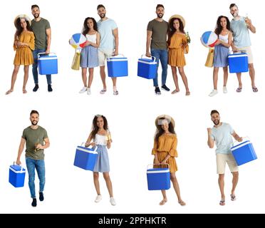 Collage mit Fotos von Menschen mit coolen Boxen auf weißem Hintergrund Stockfoto