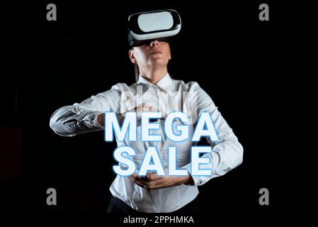 Inspiration mit Signage Mega Sale. Business-Showcase der Tag voller spezieller Shopping-Angebote und hoher Rabatte Stockfoto