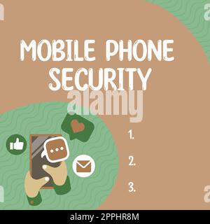 Textunterschrift zur Darstellung der Sicherheit von Mobiltelefonen. Geschäftsansatz Sichern Sie Daten auf mobilen Geräten Drahtlose Sicherheit Stockfoto