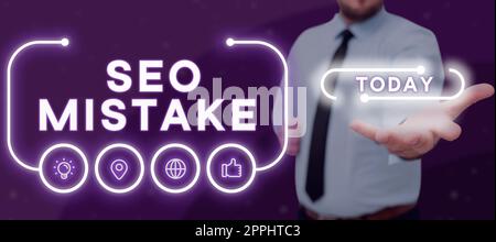 Text mit Inspiration Seo-Fehler. In der Suchmaschine geschriebenes Wort auf einer Handlung oder einem Urteilsvermögen, das fehlgeleitet oder falsch ist Stockfoto