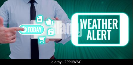 Schreiben mit Anzeige des Textes „Wetterwarnung“. Konzeptionelle photodringende Warnung über den Zustand der Atmosphäre zu Ort und Zeit Stockfoto