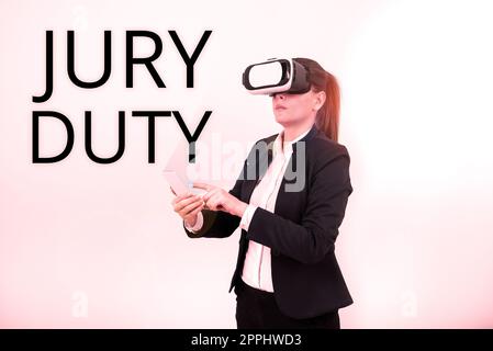 Die Inspiration zeigt das Schild Jury Duty. Internet-Konzeptverpflichtung oder eine Frist für die Tätigkeit als Mitglied einer Jury vor Gericht Stockfoto
