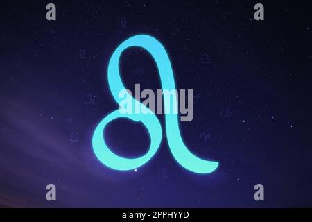 Leo Astrologisches Schild am Nachthimmel mit wunderschönem Himmel Stockfoto