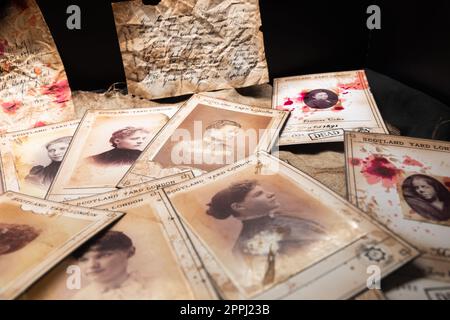 Jack the Ripper Victims, Scotland Yard, 1888. Der Mörder ermordete 12 Frauen. Bilder mit Blut - ein dunkles Verbrechen aus der viktorianischen Zeit. Stockfoto