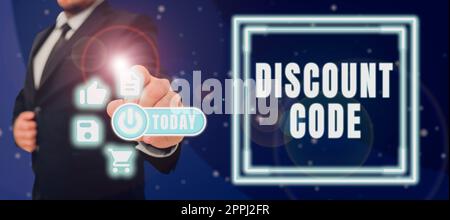 Textunterschrift mit Rabattcode. Business Showcase, um den Preis eines Produkts mit einem personalisierten Gutschein zu senken Stockfoto