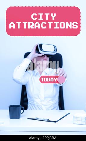 Text mit Inspiration City-Attraktionen. Geschäftsansatz On-Demand-Verfügbarkeit von Computersystemressourcen Womding Pen and Learning Skill durch Virtual Reality Simulator. Stockfoto