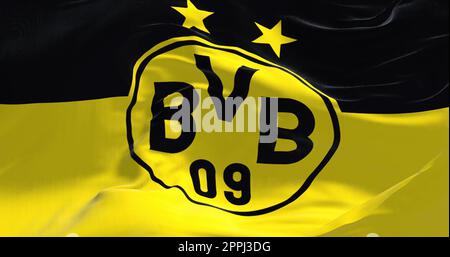 Die Flagge von Borussia Dortmund, die im Wind winkt. Stockfoto