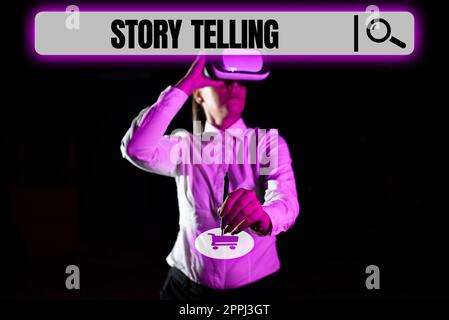 Schild mit Geschichtenerzählen. Unternehmen zeigen die Methode zur Begrenzung von Stress und deren Auswirkungen, indem sie lernen, wie ein Stück Papier mit wichtigen Nachrichten am Schreibtisch mit Bürobedarf erstellt wird. Stockfoto