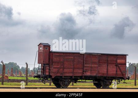 Auschwitz, Polen - 28. Juni 2022: Wagen, mit dem Gefangene in das Konzentrationslager Auschwitz in Polen transportiert wurden Stockfoto