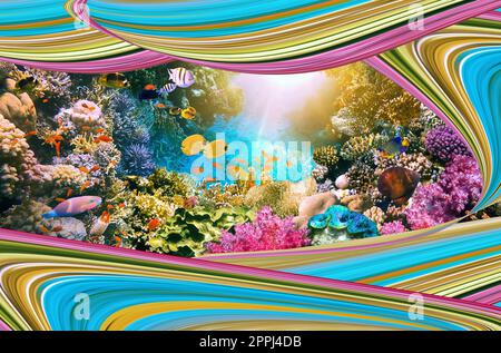 Farbenfrohes Korallenriff mit vielen Fischen. Kunstdesign des Karibischen Meeres - Reisekonzept und Konzept „Save Ocean Life“ Stockfoto