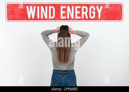 Textunterschrift für Windenergie. Konzeptfoto der Prozess, bei dem Wind zur Stromerzeugung verwendet wird Stockfoto
