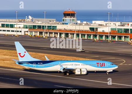 TUI Belgien Boeing 737 MAX 8 Flugzeug am Flughafen Funchal in Portugal Stockfoto