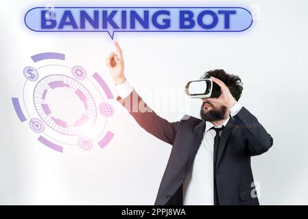 Handschriftliches Schild Banking bot. Business Showcase-Anwendung, die automatisierte Banking-Aufgaben über das Internet ausführt Stockfoto