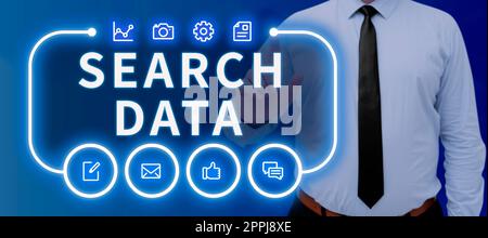 Inspiration mit Suchdaten für Schilder. Konzept für den effizienten Abruf bestimmter Elemente aus einer Gruppe von Elementen Stockfoto