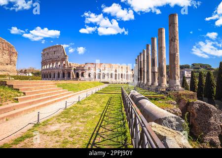 Das Kolosseum in der Ewigen Stadt Rom und das Forum Romanum mit Blick auf die historischen Säulen Stockfoto