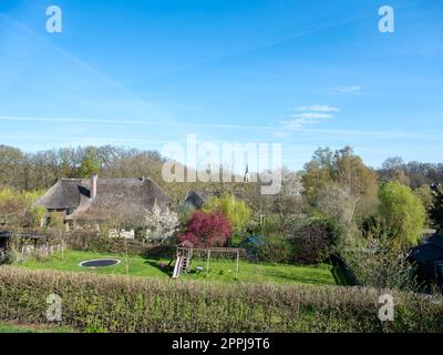 kirche und altes Haus mit Strohdach vom Deich rund um den Fluss waal im holländischen Frühling aus gesehen Stockfoto