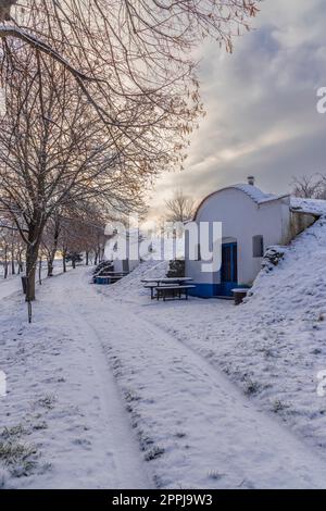 Gruppe von typischen Outdoor-Weinkeller in Plze bei Petrov, Südmähren, Tschechische Republik Stockfoto