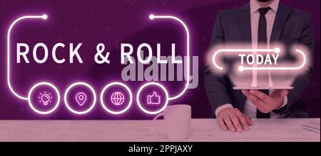 Textbeschriftung mit Rock Roll. Wort für musikalisches Genre beliebte Tanzmusik mit kräftigem Beat Stockfoto