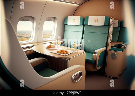 Sitzplätze in der ersten Klasse in einem Jumbo-Jet-Flugzeug der Boeing 747-8 von der deutschen Fluggesellschaft Stockfoto