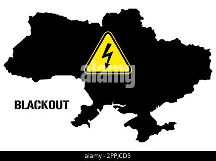 Stromausfall auf der ukrainischen Karte hat ein Warnschild mit einem Blitzsymbol und Text - Blackout. Strommangel im Land aufgrund der Zerstörung der ukrainischen Stromnetze durch Raketenangriffe. Stockfoto