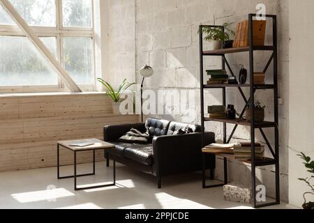 Elegantes schwarzes Sofa in moderner Wohnzimmereinrichtung Stockfoto