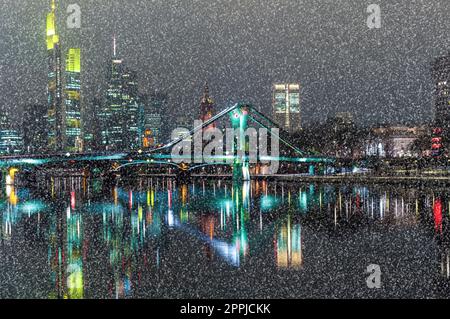 Schneefall bei Nacht vor dem Hintergrund der Frankfurter Skyline Stockfoto