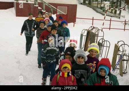 Sirnea, Brasov County, Rumänien, ca. 2000. Dorfkinder und ihre Schlitten im Winter. Stockfoto