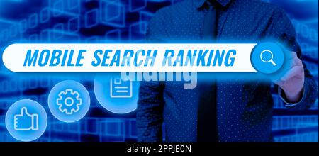 Konzeptionelle Überschrift Rangfolge der mobilen Suche. Konzept bedeutet, dass die Website oder Seite innerhalb der Suchmaschinenergebnisse eingestuft wird Stockfoto
