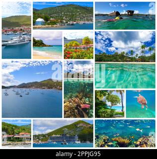 St. Thomas, USVI. Blick auf die grüne Küste einer der Amerikanischen Jungferninseln. Genießen Sie den Blick auf die Insel und das Korallenriff Stockfoto