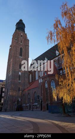 Die St. Elizabeth Kirche ist hinter den Häusern der alten Odrzanska Straße versteckt, die sich neben dem Marktplatz befindet Stockfoto