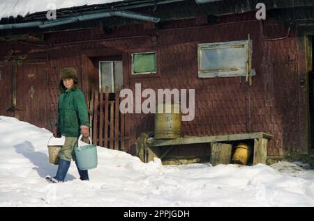 Sirnea, Brasov County, Rumänien, ca. 2000. Ein Junge von hier, der an einem kalten Wintertag im Hof arbeitet. Stockfoto