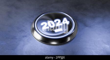 Schaltfläche 2024. Starten Sie 2024 mit voller Leistung und Energie. Drucktaste mit Text 2024 auf dunklem Hintergrund. Beleuchtete Starttaste Jahr 2024. Technologie-Virt Stockfoto