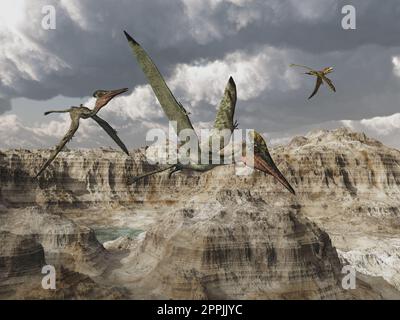 Pterosaur Pterodactylus fliegt über eine Berglandschaft Stockfoto