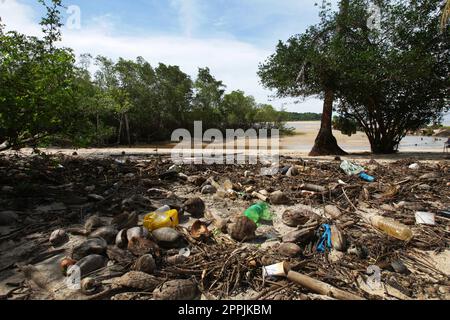 Marajo Island, Brasilien. 23. April 2023. Eine allgemeine Ansicht zeigt eine große Menge Müll im Umweltschutzgebiet am Strand Cajú-una am 23. April 2023 in der Region Soure Marajó Island Amazonas nördlich von Brasilien. Die Insel Marajó ist mit einer Fläche von etwa 40,100 km² die größte Meeresinsel der Welt, die sich im para State in der Mündung des Amazonas befindet. (Foto: Paulo Amorim/Sipa USA) Guthaben: SIPA USA/Alamy Live News Stockfoto