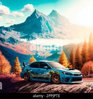 Dieses Bild zeigt die Schönheit einer Berglandschaft mit einem Subaru Stockfoto