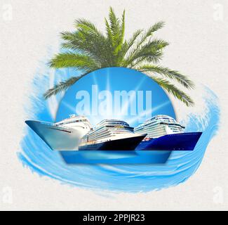 Abstrakte Kreuzfahrtschiffe oder große Kreuzfahrtschiffe im offenen Wasser mit tropischem Palmenhintergrund. Collage über Reise- und Urlaubskonzept Stockfoto