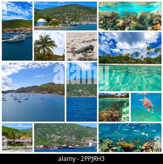 St. Thomas, USVI. Blick auf die grüne Küste einer der Amerikanischen Jungferninseln. Genießen Sie den Blick auf die Insel und das Korallenriff Stockfoto