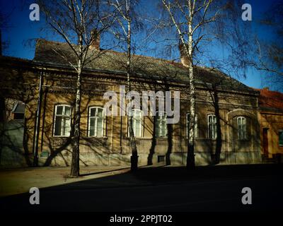 Sremska Mitrovica, Serbien, 15. Februar 2021. Fassade alter Häuser des 19-20. Jahrhunderts. Historischer architektonischer Wert. Kunstvoll verzierte Stuckhäuser in den Straßen der Stadt. Birkenbäume auf dem Rasen. Stockfoto