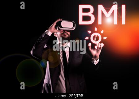 Handschriftlicher Text BMI. Internet Concept Methode zur Bestimmung des Körperfettgehaltes auf Gewichts- und Grössenbasis Stockfoto