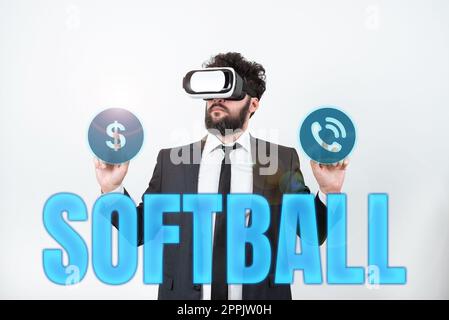 Textbeschriftung für Softball. Konzeptfoto ein Sport ähnlich dem Baseball, der mit einem Ball und einem Schläger gespielt wird Stockfoto