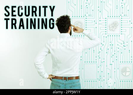 Textunterschrift zur Präsentation der Sicherheitsschulung. Geschäftsansatz, der Endbenutzern Schulungen zum Sicherheitsbewusstsein bietet Stockfoto
