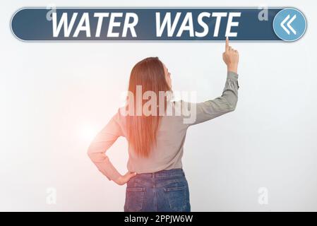 Textunterschrift für Wasserverschwendung. Geschäftsausstellungsflüssigkeit, die als Teil eines industriellen Prozesses verwendet wurde Stockfoto