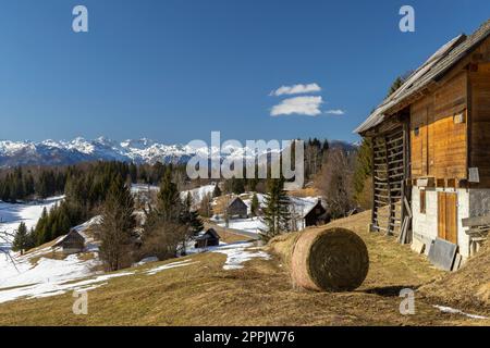 Typische Holzhütten in Gorjuse, Nationalpark Triglavski, Slowenien Stockfoto